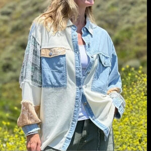 New! POL Oversized Contrast Denim Ivory Fabric Panels Button Down Shacket M